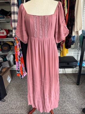 Listicle Dusty Rose Maxi Dress with Square Neck and Puff Sleeves
